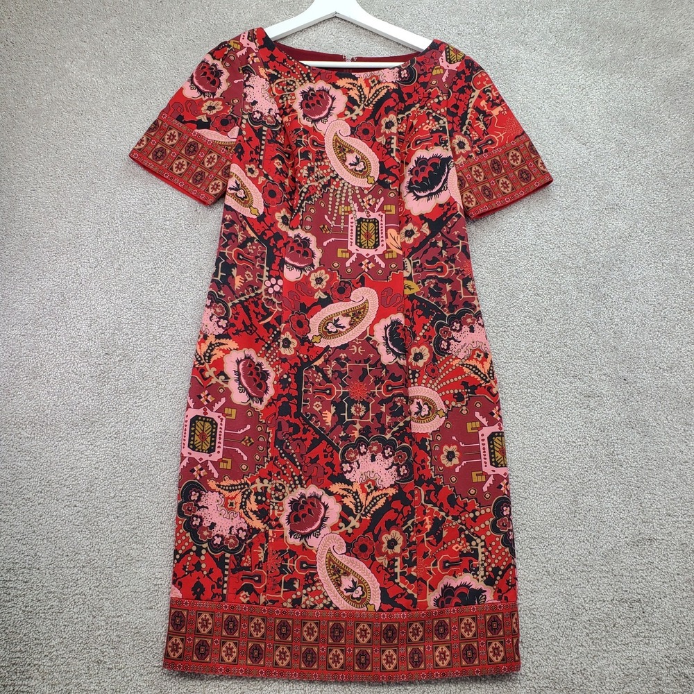 Talbots Sheath Dress Women's 6 Multi Red Paisley Stretch Round Neck Back Zip